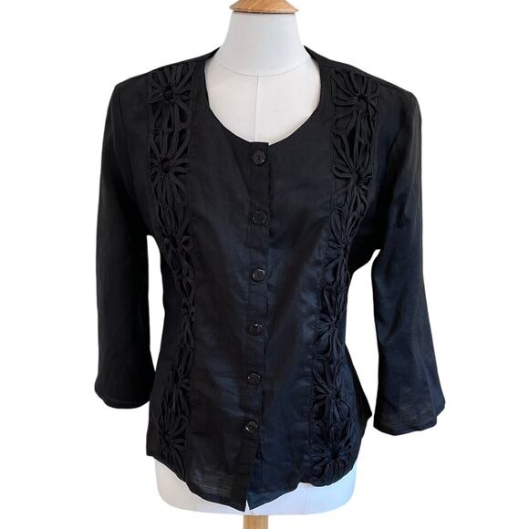 Night Studio Black Linen Floral Embroidered 3/4 Sleeve Blazer, Size 18 - Picture 1 of 13